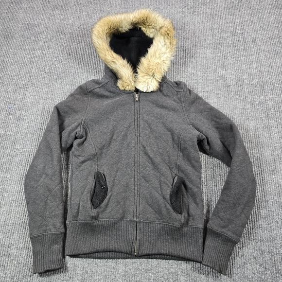 aerie Jackets & Blazers - Aerie Jacket‎ Womens Medium Gray Quilted Hoodie Faux Fur Hooded Sweatshirt